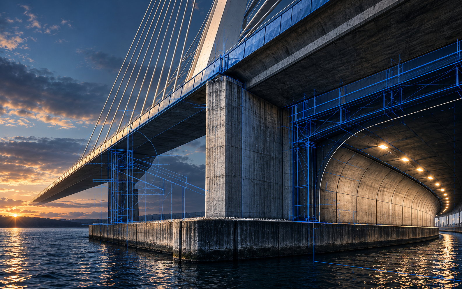 Moderne brug- en tunnelconstructie met technische lijntekening